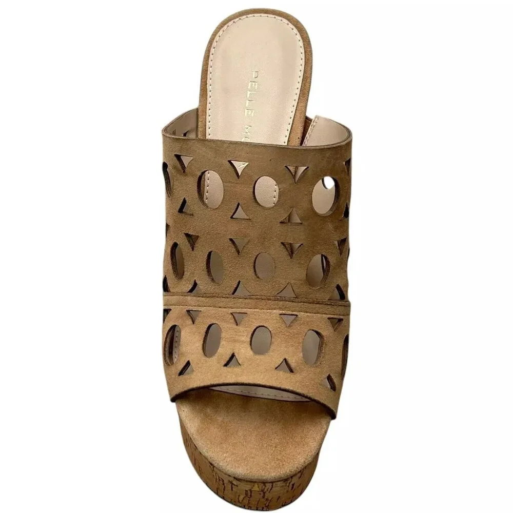 Pelle Moda Peep Toe Women’s Sandal Size 8.5 Latte Suede Cork Platform Block Heel